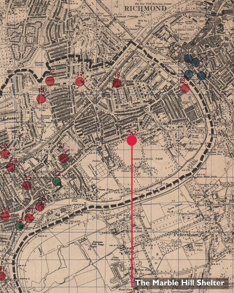 Map of Air Raid Precaution posts and public air raid shelters, 1939. Held by Richmond upon Thames Local Studies Library and Archive.